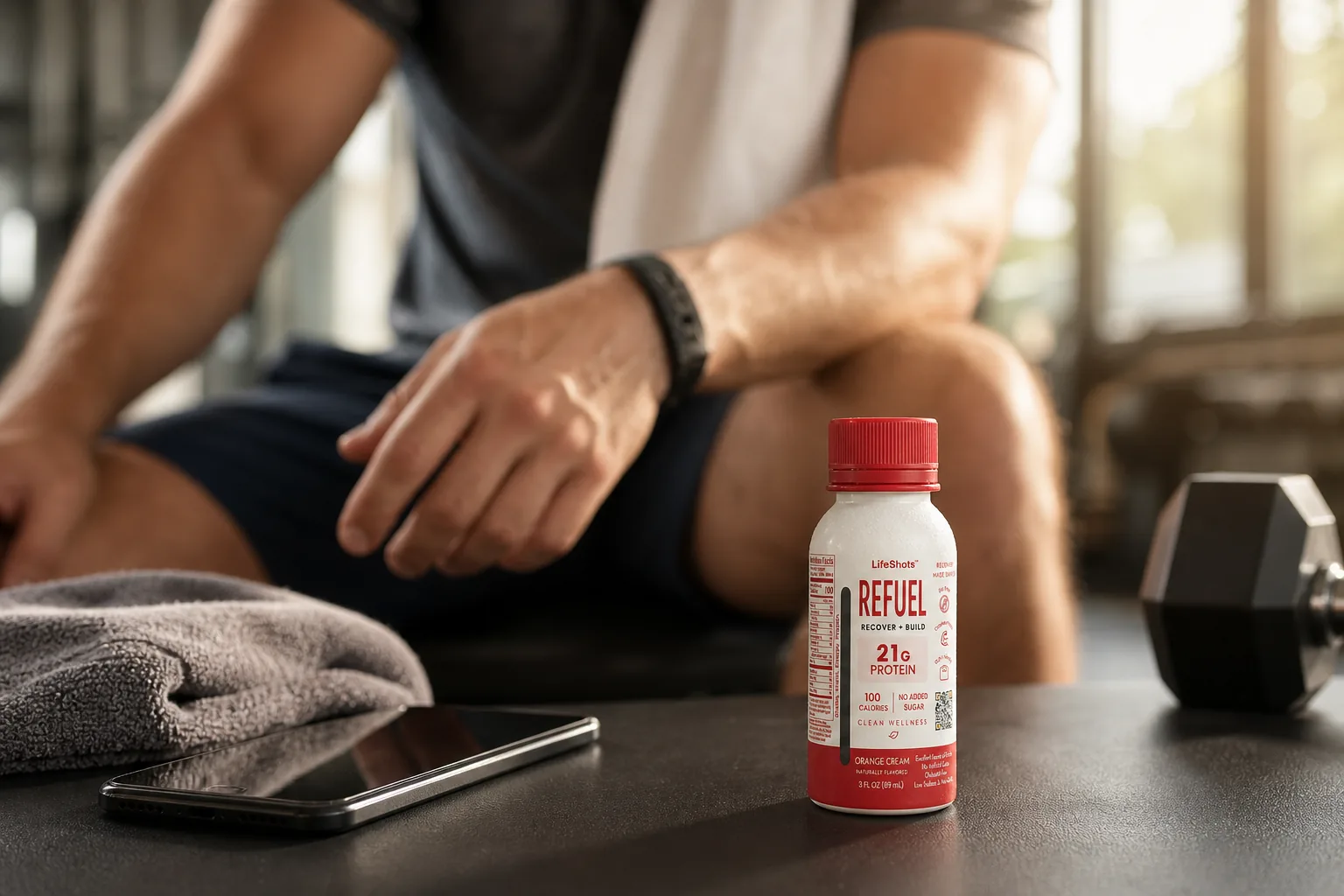 LifeShots REFUEL 3 oz protein shot bottle in an everyday moment
