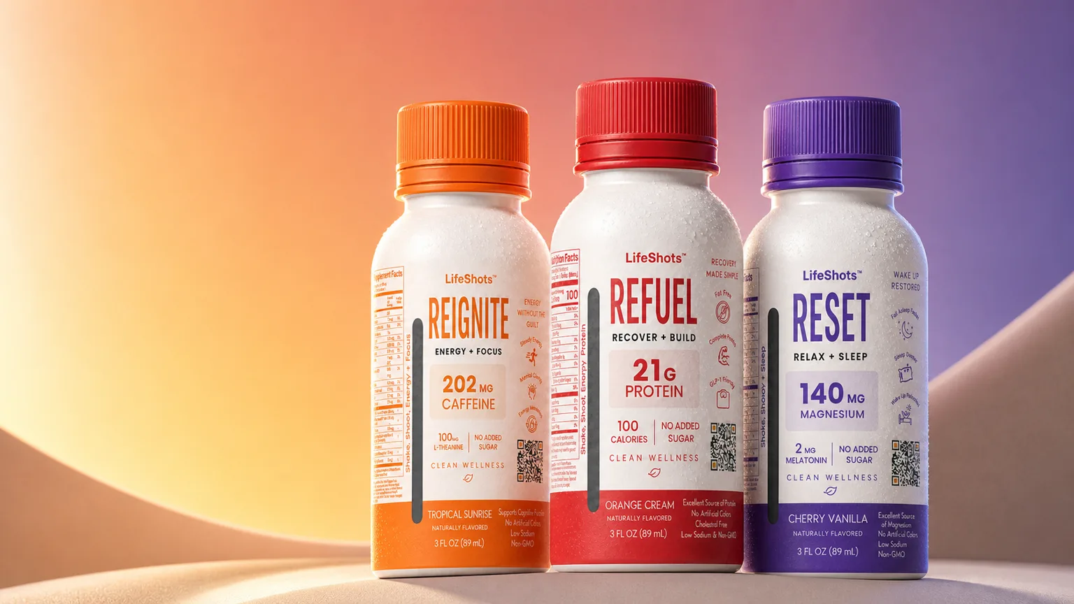 LIFESHOTS energy, recovery and sleep shots: ReIgnite tropical energy, ReFuel orange cream protein and ReSet cherry vanilla sleep support in 3 oz bottles