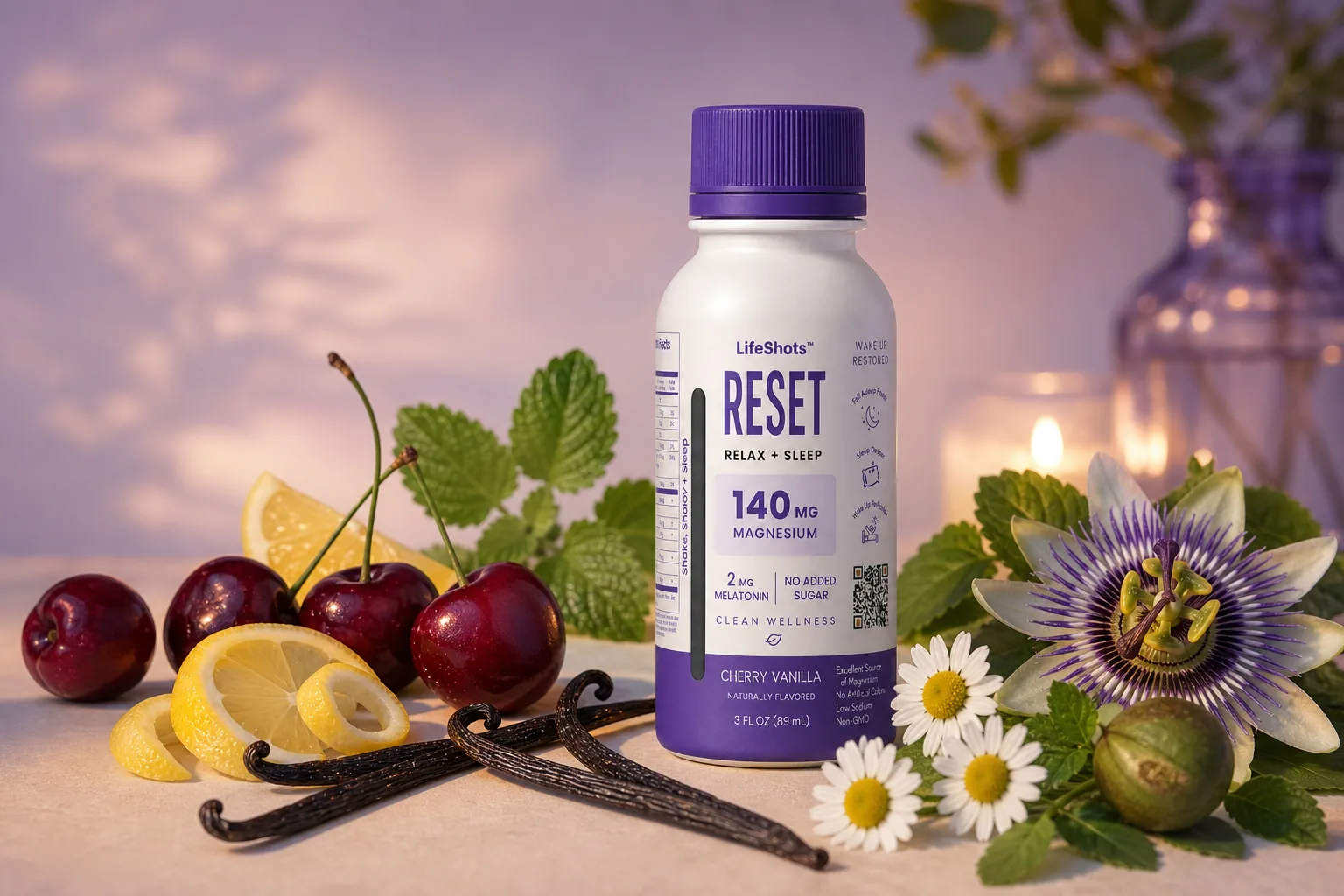 LifeShots RESET bottle styled with its key ingredients for the Cherry Vanilla sleep shot