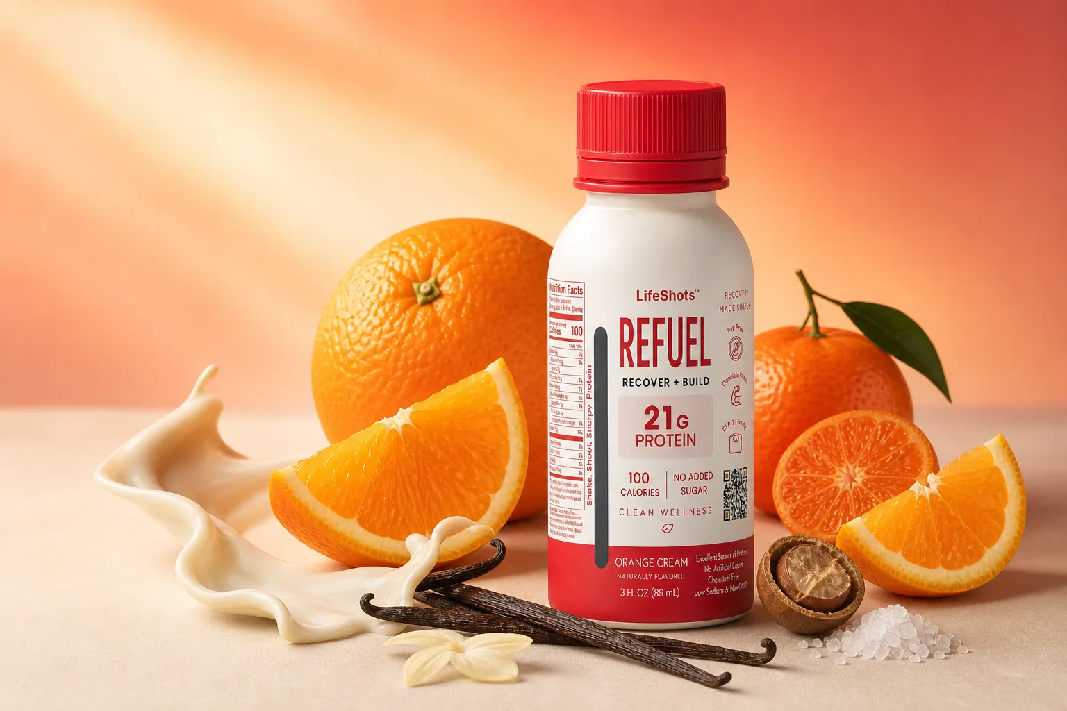 LifeShots REFUEL bottle styled with its key ingredients for the Orange Cream protein shot